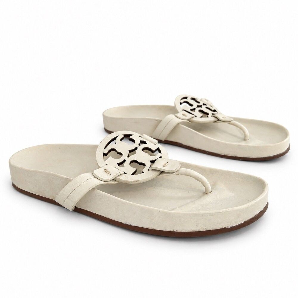 Tory Burch Miller Cloud Sandals Womens Size 7 Ivory Leather Logo Thong Slides